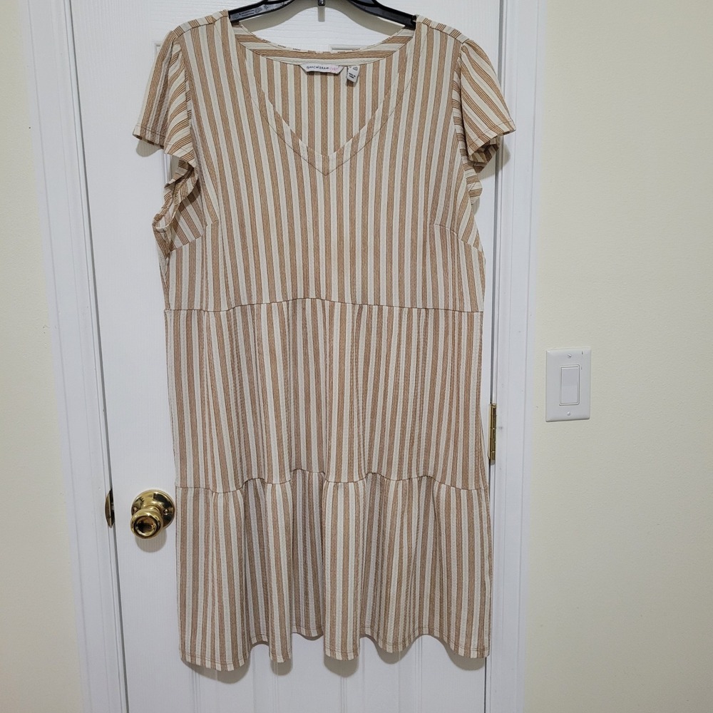 Tan Vertical Striped‎ Tiered V-Neck Flutter Sleeve Dress 1XP Beach Resort Summer